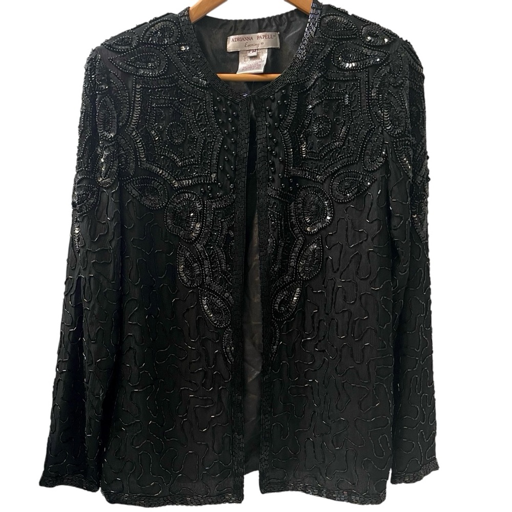 🎉HP! ❤️ Vintage Gothic x Steampunk Adrianna Papell Black Silk Beaded Jacket - Picture 3 of 9